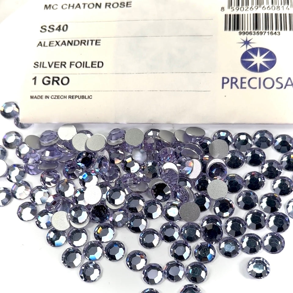 Alexandrite (changing color), Preciosa 8-faceted Chaton Roses Article 438-11-110 (8-ft Rhinestone Flatbacks), Genuine Czech Crystals, pale blue to purple