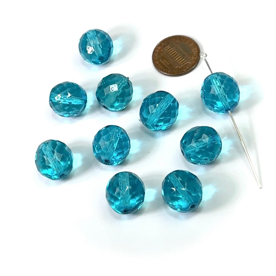 Aqua blue coated loose Traditional Czech Fire Polished Round Faceted Glass Beads 14mm 10pcs CF078