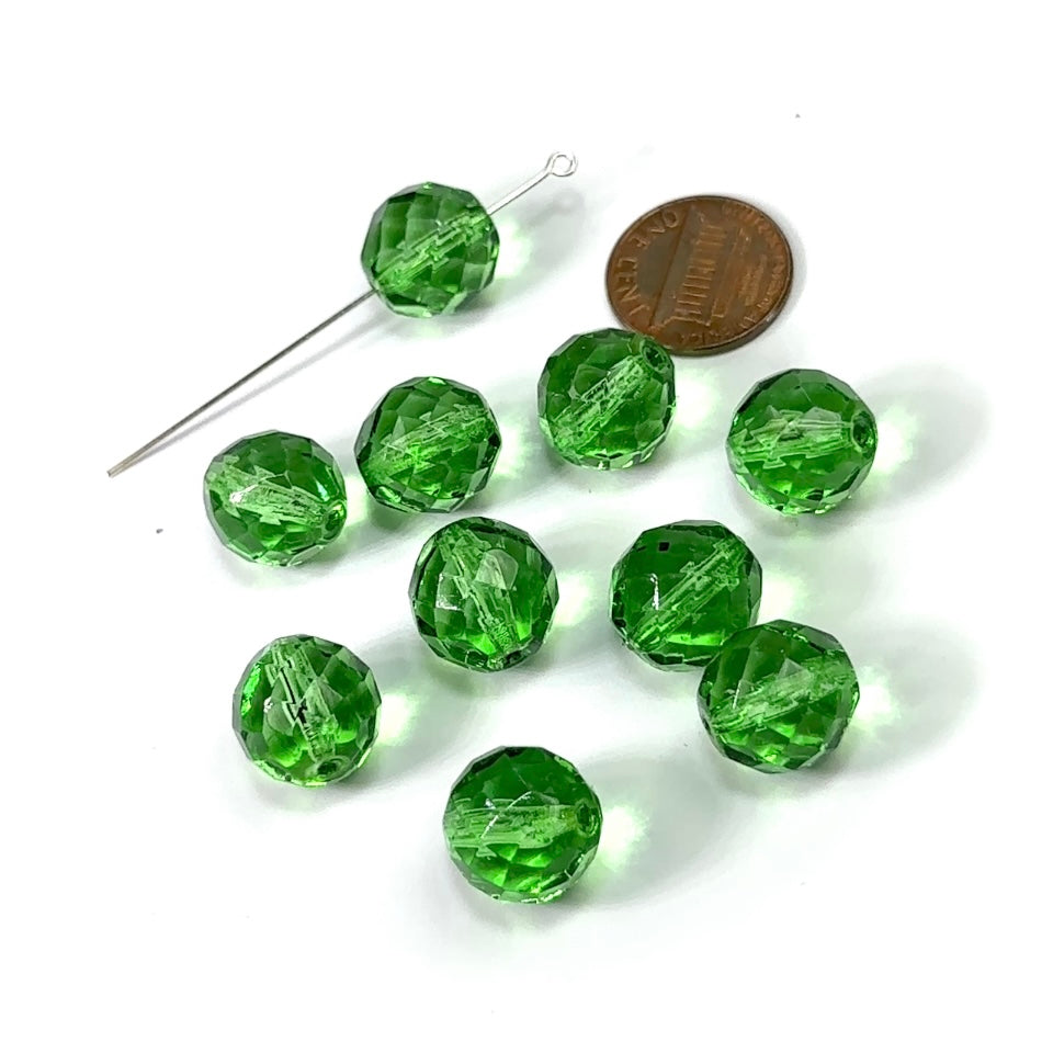 Peridot green coated loose Traditional Czech Fire Polished Round Faceted Glass Beads 14mm 10pcs CF082