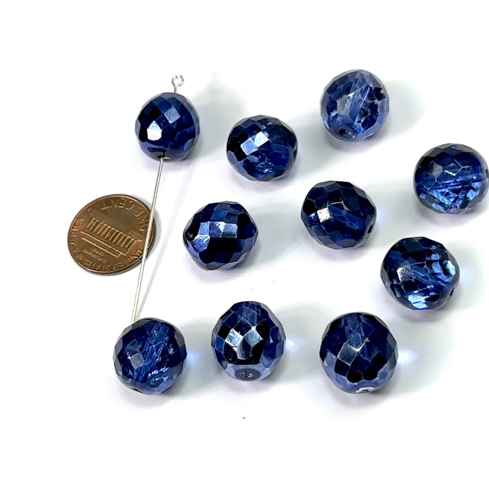Navy Blue Silver coated loose Traditional Czech Fire Polished Round Faceted Glass Beads 14mm 10pcs CF108