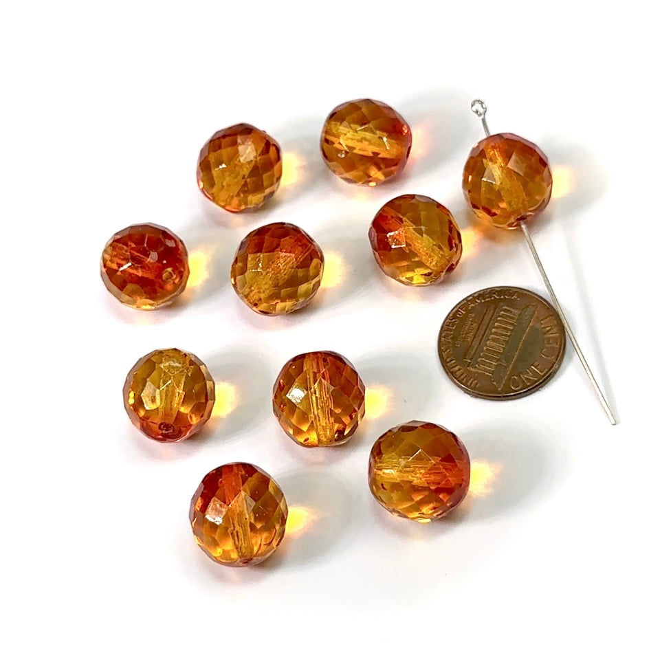 Orange 2-tone coated loose Traditional Czech Fire Polished Round Faceted Glass Beads 14mm 10pcs CF114