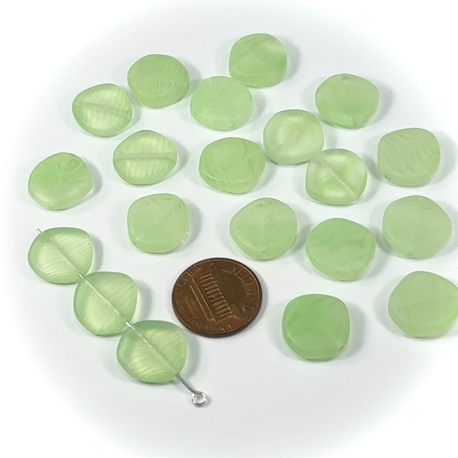 Czech Pressed Druk Smooth Flat Disc Glass Beads Crystal Green Stripes Matted 14mm 20pcs CL002