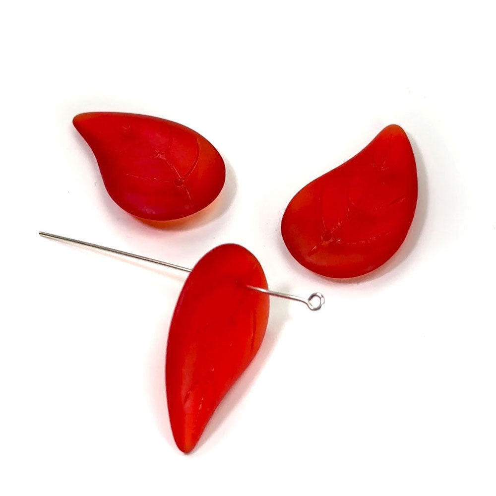 Czech Pressed Druk Glass Beads Large Leaf with Top Hole To Be Used As a Pendant 34x20mm Light Siam Red Matted 3 pieces CL023