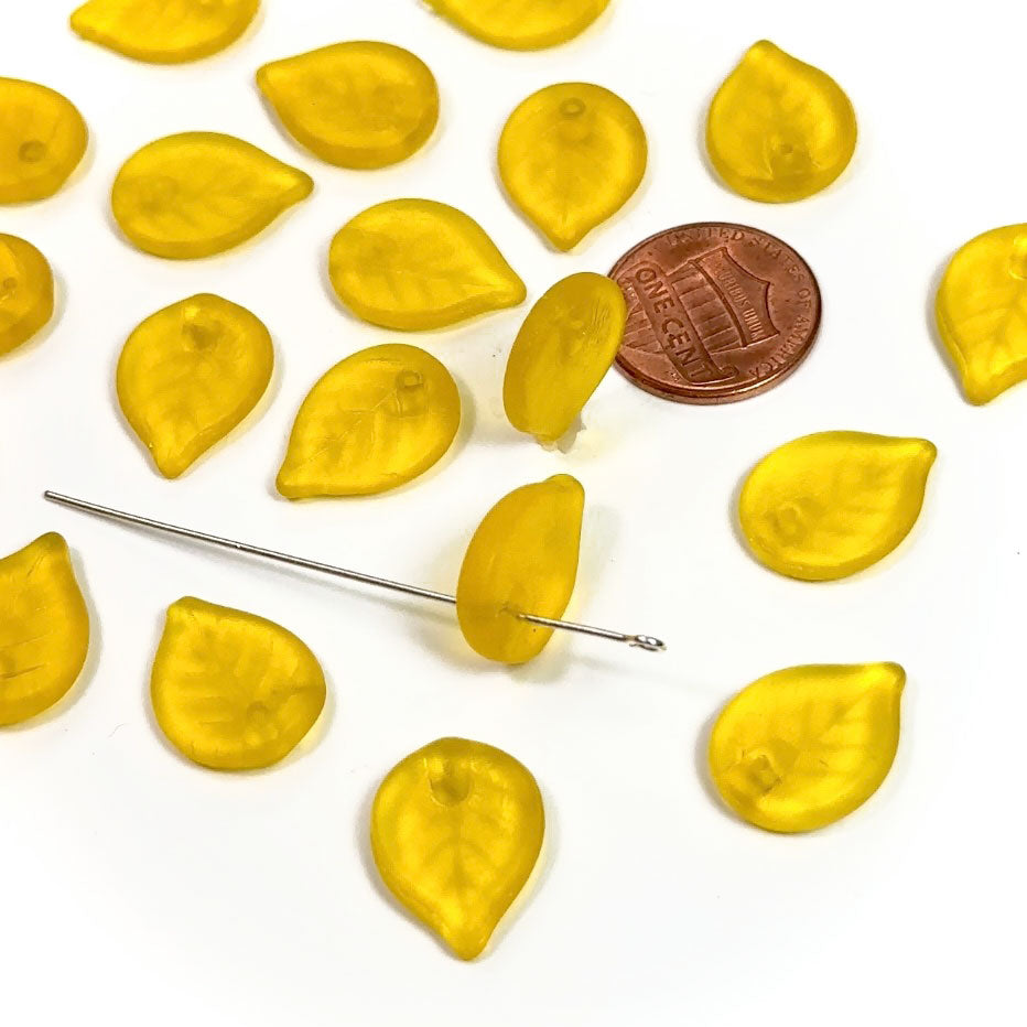 Czech Pressed Druk Glass Beads Leaf with Top Hole To Be Used As a Pendant 18x13mm Citrine Yellow Matted 20 pieces CL029