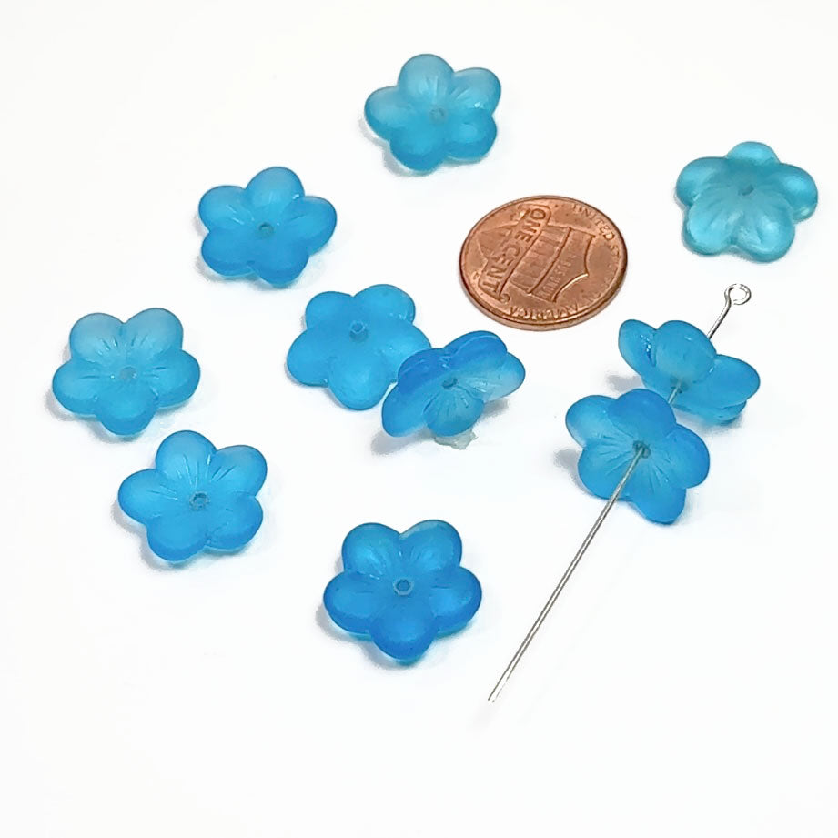 Czech Pressed Druk Glass Beads Flower with Center Hole 16mm Aqua Blue Matted 10 pieces CL035
