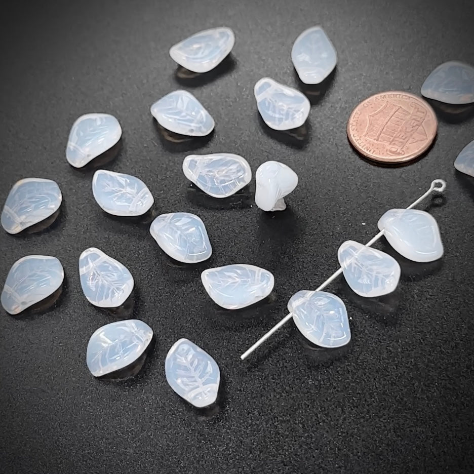 Czech Pressed Druk Glass Beads Small Leaf Wavy Curved Shape with Top Hole Across 15x10mm White Opal milky 20 pieces CL044