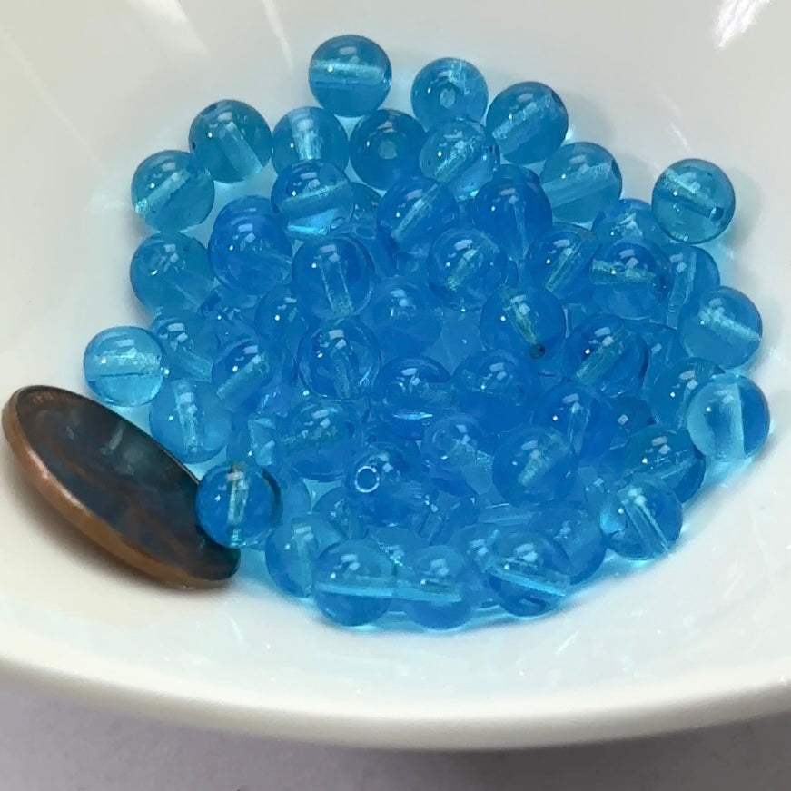 Czech Pressed Druk Round Smooth Glass Beads 6mm Aqua Blue 80 pieces CL067