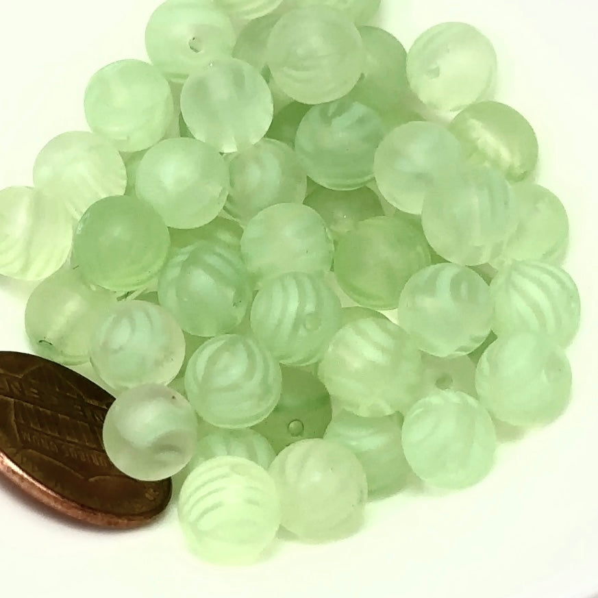 Czech Pressed Druk Round Smooth Glass Beads 8mm Crystal with Light Green Stripes Matte 50 pieces CL078