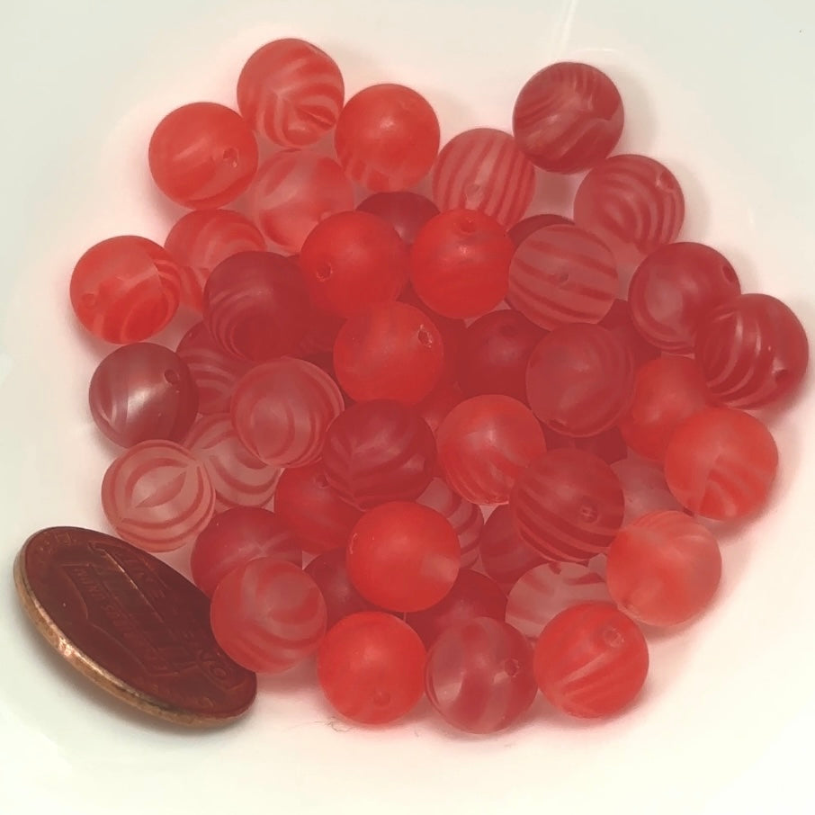 Czech Pressed Druk Round Smooth Glass Beads 8mm Crystal with Mix of Light Red and Orange Stripes Matte 50 pieces CL080