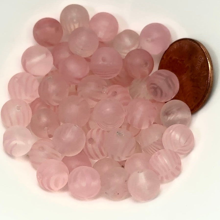Czech Pressed Druk Round Smooth Glass Beads 8mm Crystal with Pink Stripes Matte 50 pieces CL083