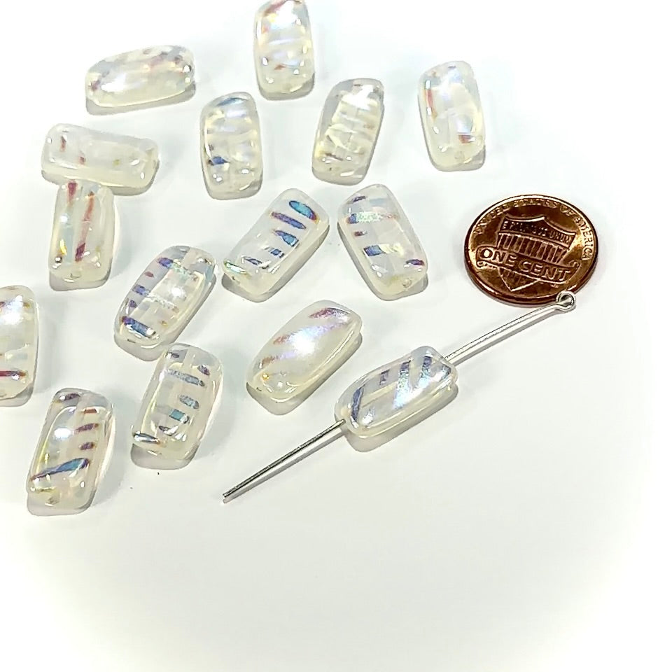 Czech Pressed Druk Twisted Rectangle Glass Beads 18x9mm White Opal milky with Metallic Stripes 15pcs CL1000