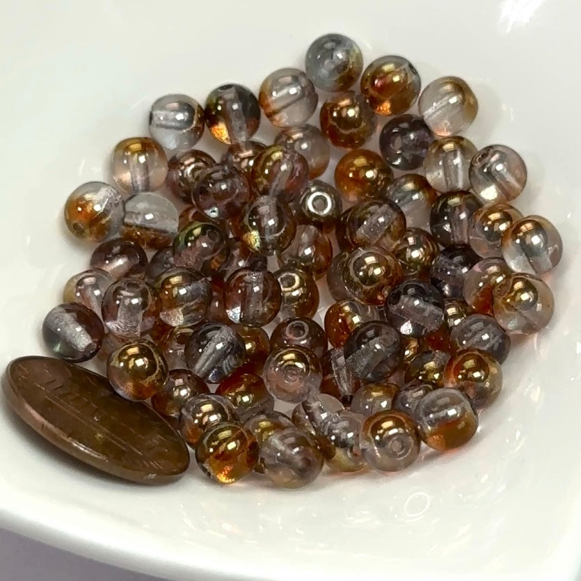 Czech Pressed Druk Round Smooth Glass Beads 6mm Brown Luster Half coated 80 pieces CL100