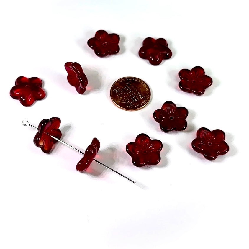 Czech Pressed Druk Glass Beads Flower with Center Hole 16mm Ruby red 10 pieces CL1013