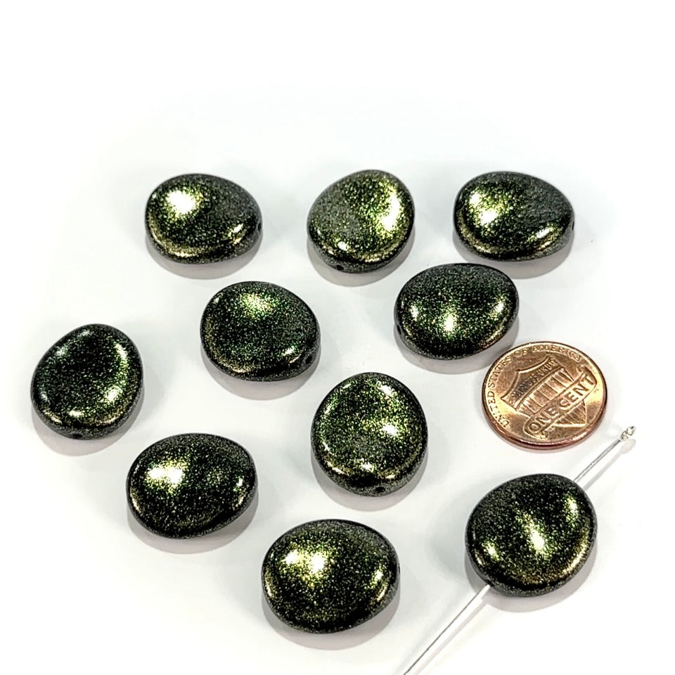 Czech Fancy Oval Potato Chip Glass Beads 20x18mm Hunter Dark Green Metallic coated 10 pcs CL1026