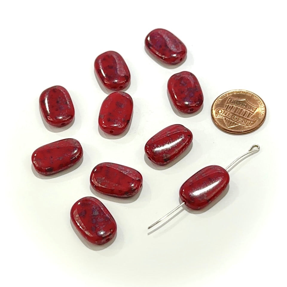 Czech Pressed Druk Fancy Twisted Oval Glass Beads 15x10mm Red Opaque with Black Speckle 15pcs CL1038