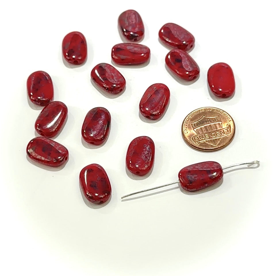 Czech Pressed Druk Fancy Twisted Oval Glass Beads 18x12mm Red Opaque with Black Speckle 10pcs CL1039
