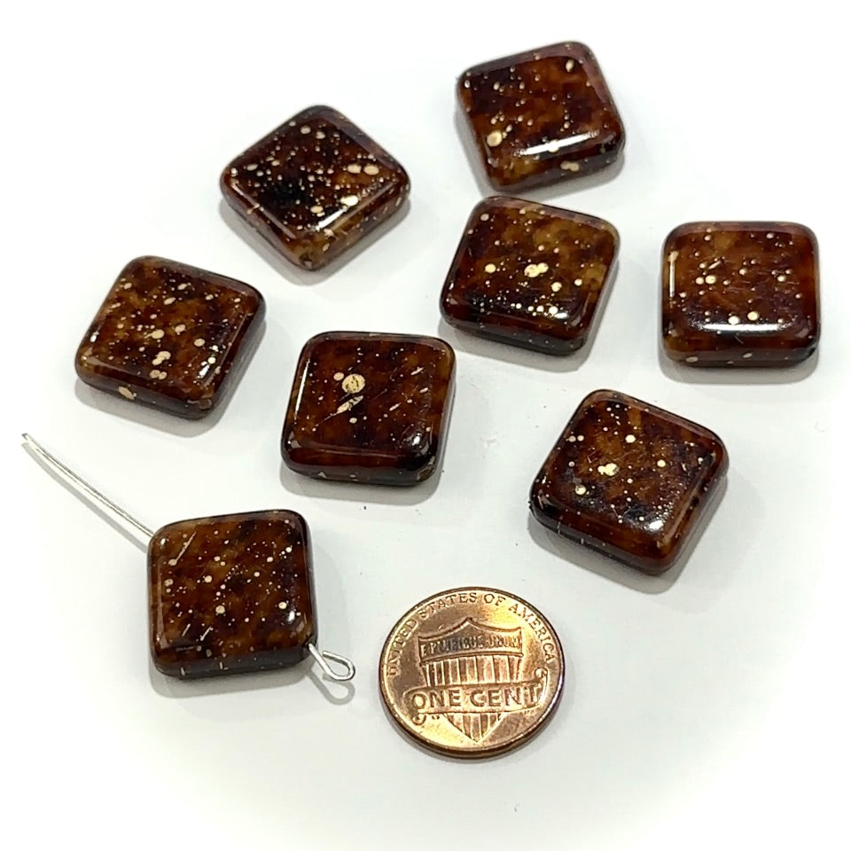 Czech Glass Smooth Square Beads 18x18mm Brown with Golden Specs 8 pieces CL1045
