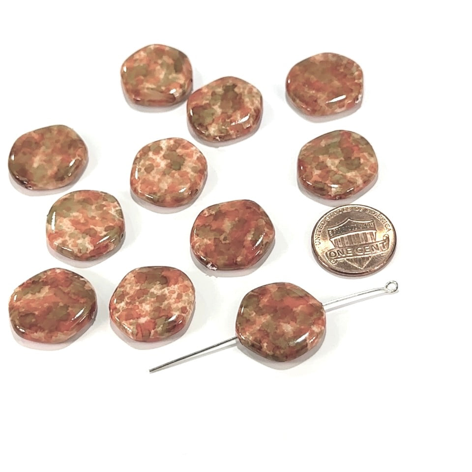 Czech Glass Smooth Hexagon Beads 18mm Orange Mix Marble Pearlized 10 pcs CL1146