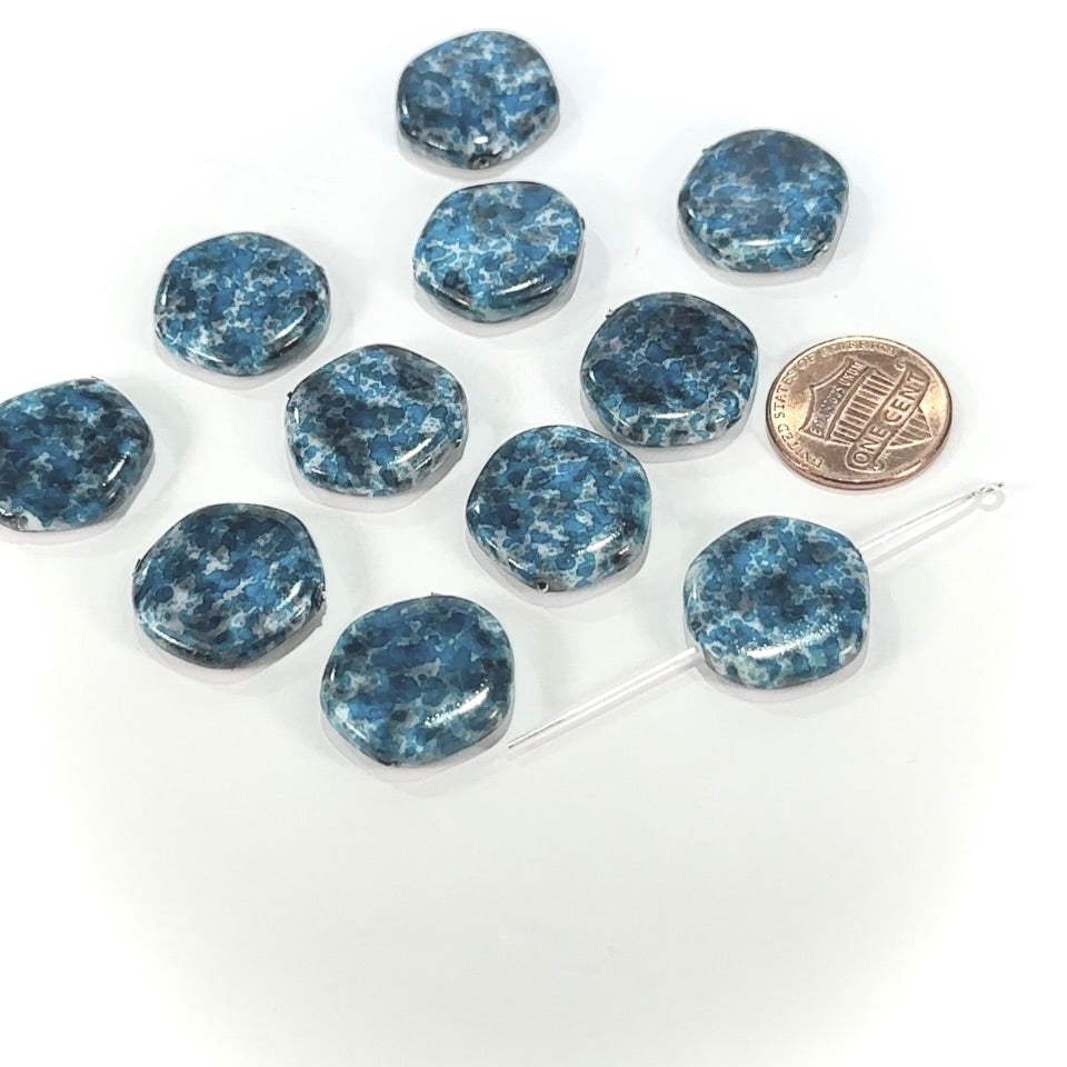 Czech Glass Smooth Hexagon Beads 18mm Dark Blue and Grey Mix Marble Pearlized 10 pcs CL1147