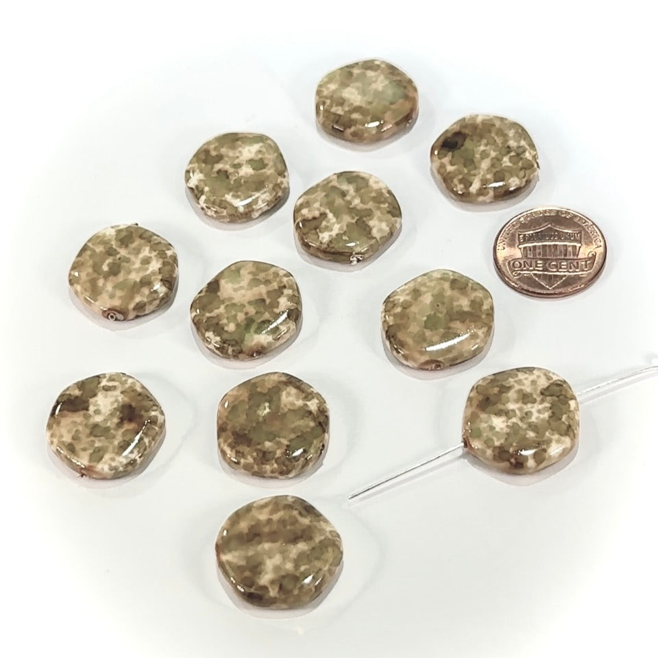 Czech Glass Smooth Hexagon Beads 18mm Beige Green Mix Marble Pearlized 10 pcs CL1148