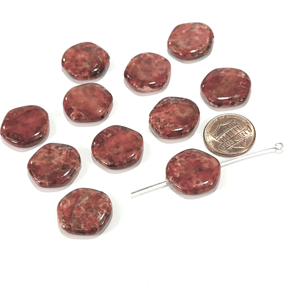 Czech Glass Smooth Hexagon Beads 18mm Red and Orange Mix Marble Pearlized 10 pcs CL1150