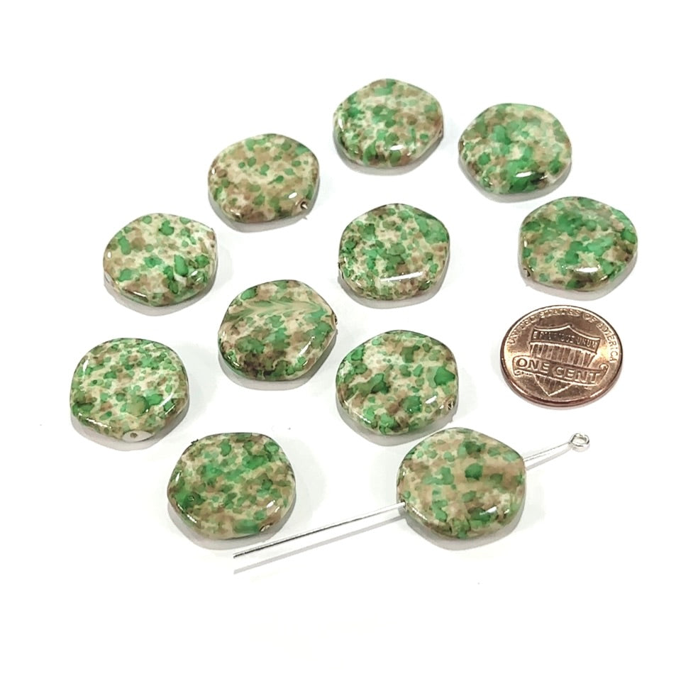 Czech Glass Smooth Hexagon Beads 18mm Green Beige Marble Pearlized 10 pcs CL1152