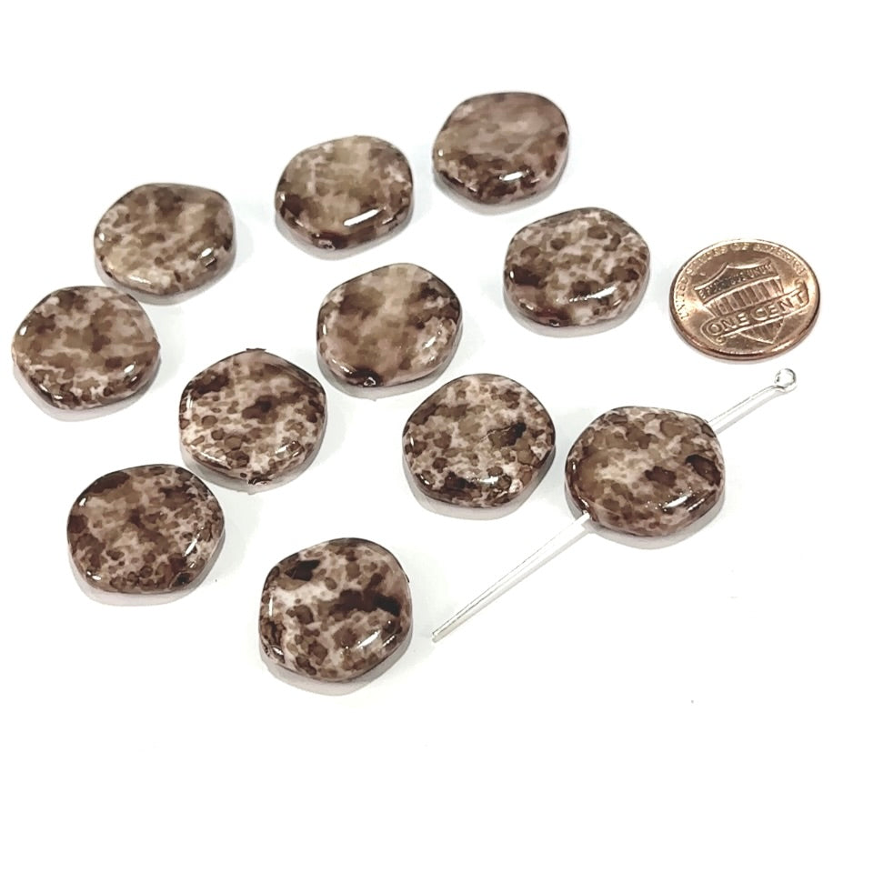 Czech Glass Smooth Hexagon Beads 18mm Brown Mix Marble Pearlized 10 pcs CL1156
