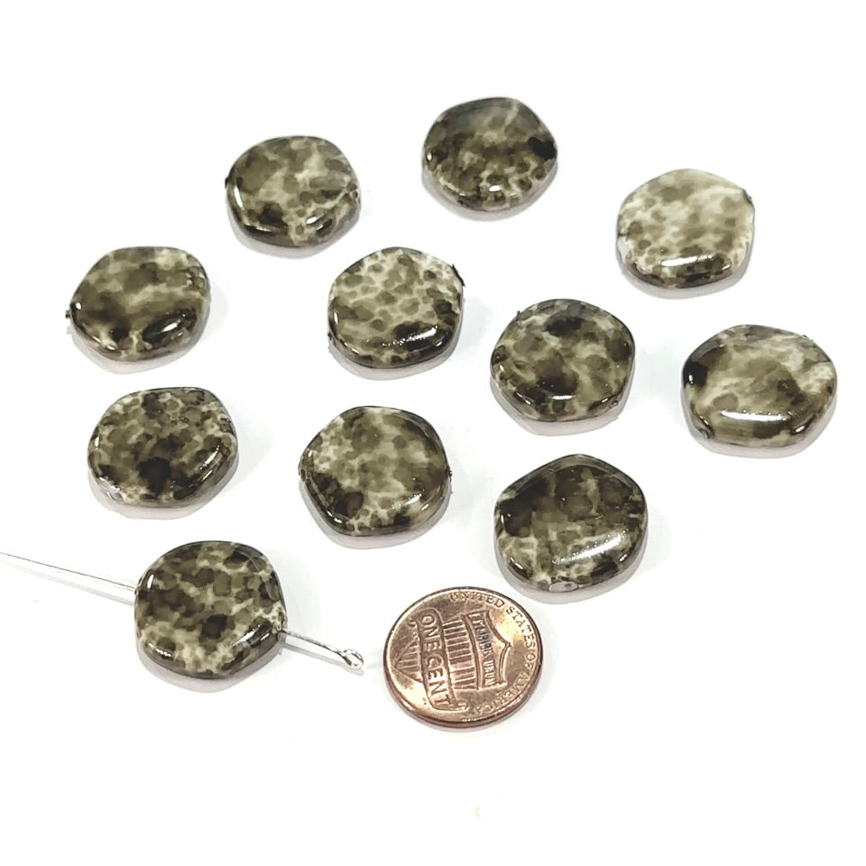 Czech Glass Smooth Hexagon Beads 18mm Olive Green Mix Marble Pearlized 10 pcs CL1157