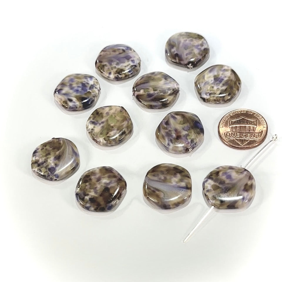 Czech Glass Smooth Hexagon Beads 18mm Beige Brown Purple Mix Marble Pearlized 10 pcs CL1158