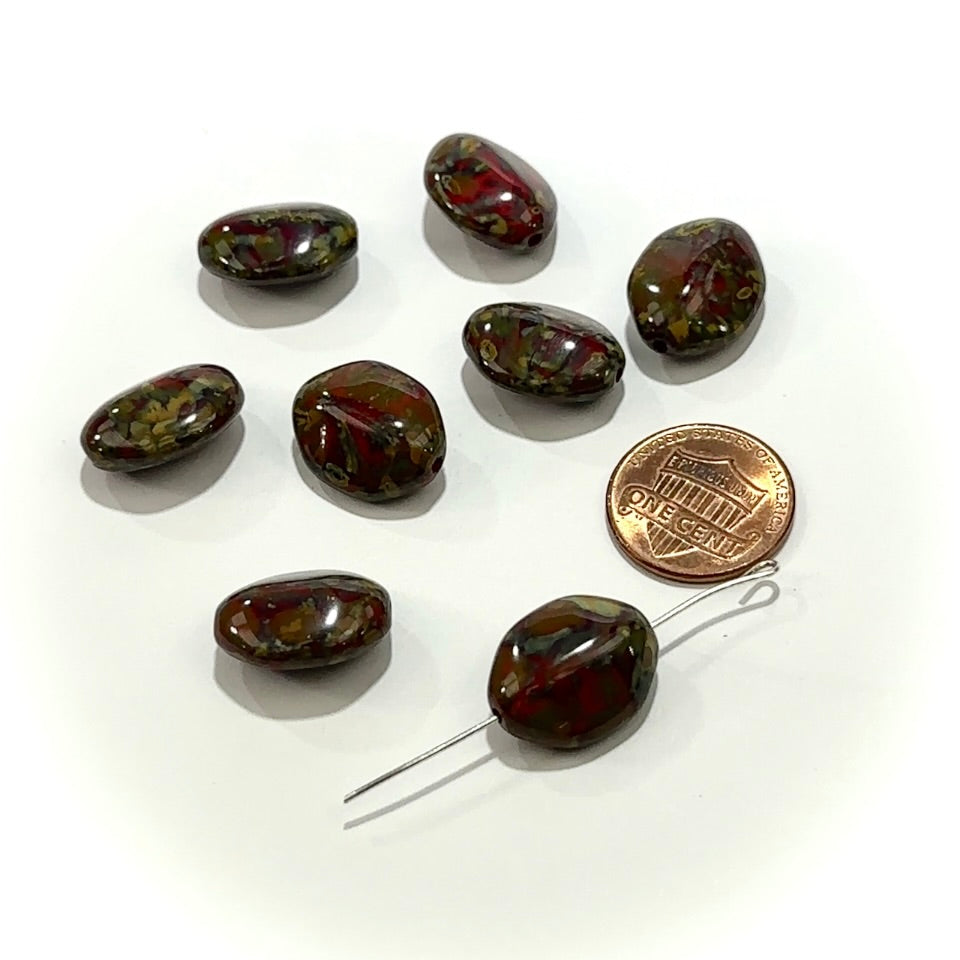 Czech Pressed Druk Fancy Oval Glass Beads 13x9mm Dark Terracotta 8pcs CL1160