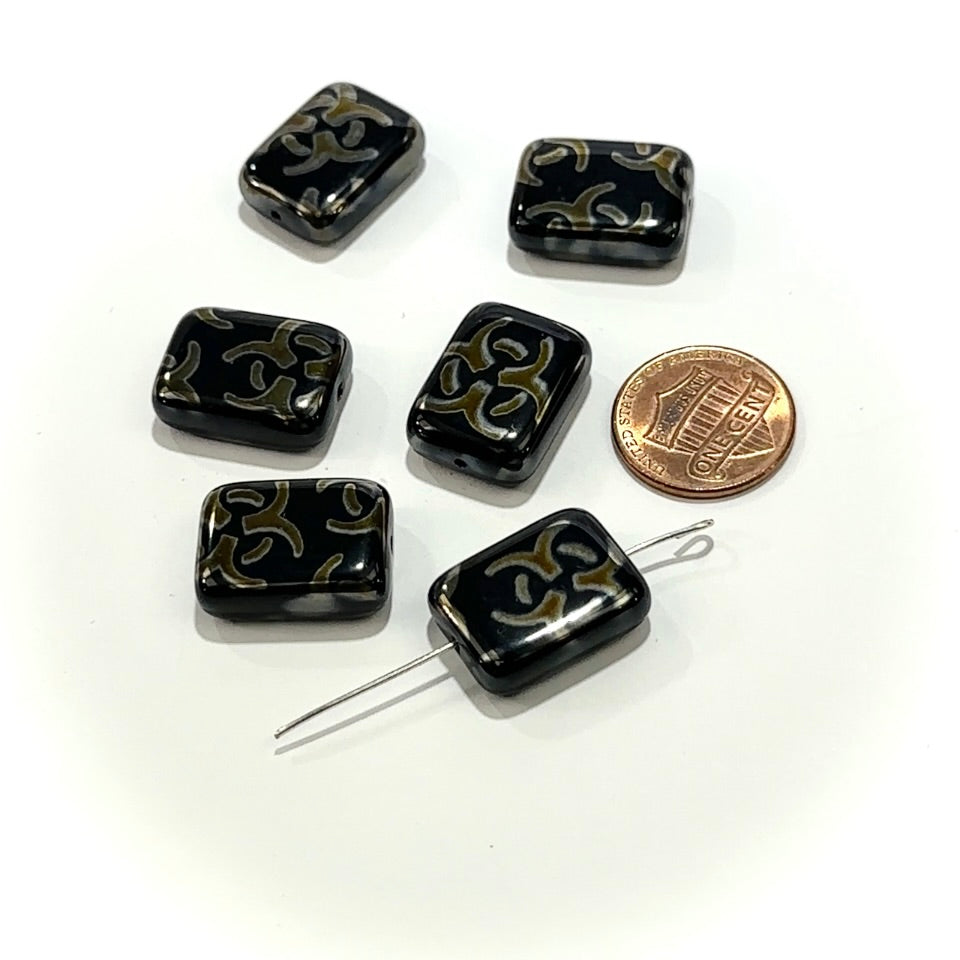 Czech Glass Smooth Rectangle Beads 20x15mm Black with Rainbow Ornament Prints 6 pieces CL1163