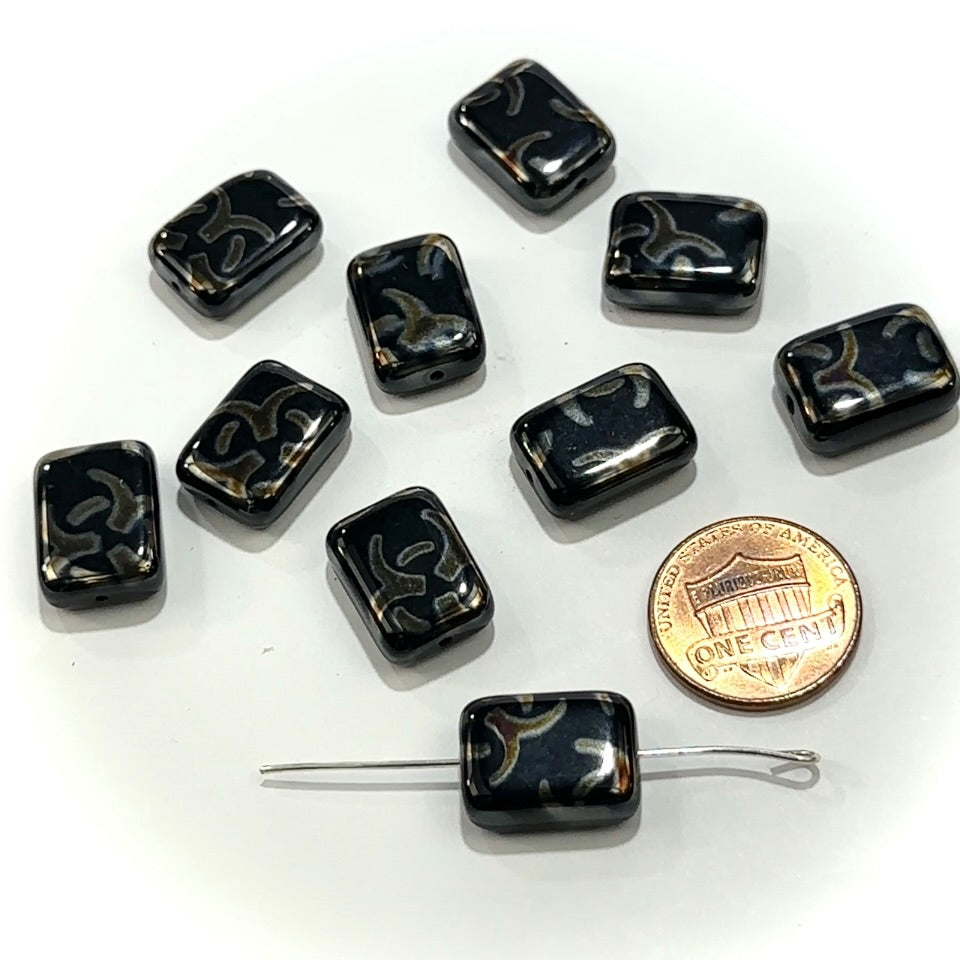Czech Glass Smooth Rectangle Beads 16x12mm Black with Rainbow Ornament Prints 10 pieces CL1164