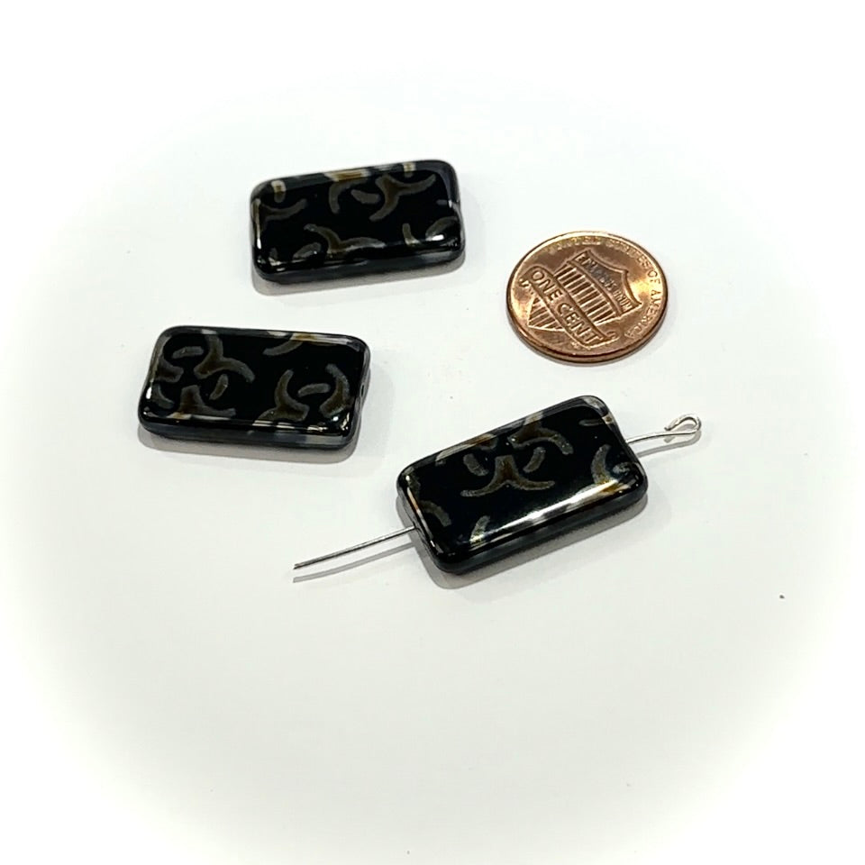 Czech Glass Smooth Rectangle Beads 26x15mm Black with Rainbow Ornament Prints 3 pieces CL1169
