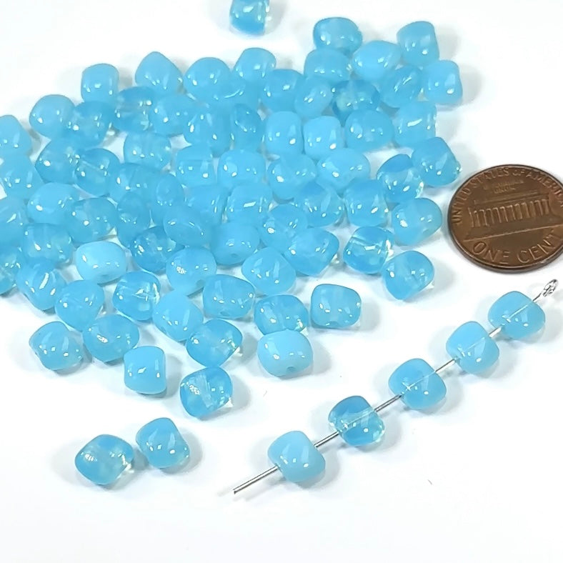 Czech Pressed Druk Small Pillow Glass Beads Blue Opal 6x8mm 80pcs CL116