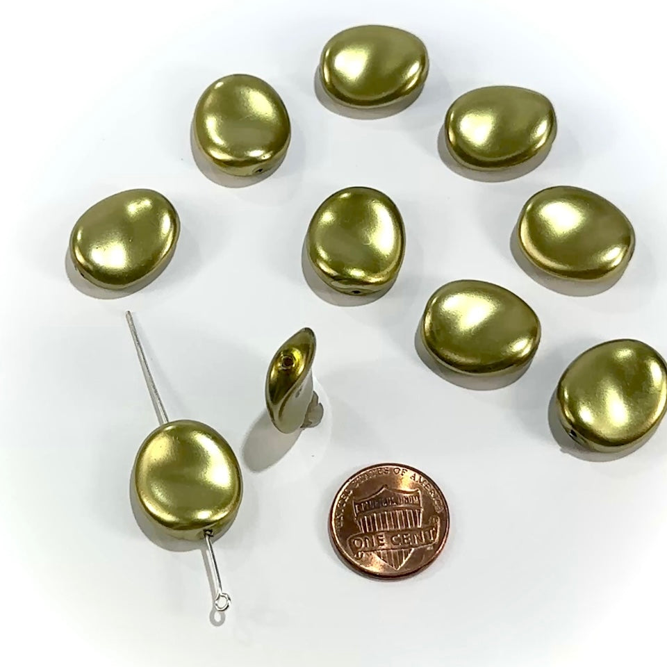 Czech Fancy Oval Potato Chip Glass Pearls 20x17mm Olive Green Pearl color 10 pieces CL1170
