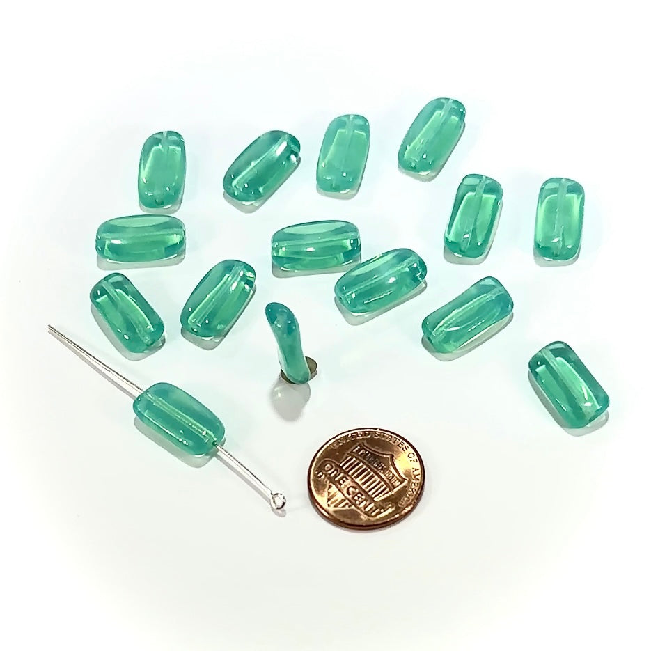 Czech Pressed Druk Twisted Rectangle Glass Beads 16x8mm Green Aqua 15pcs CL1178