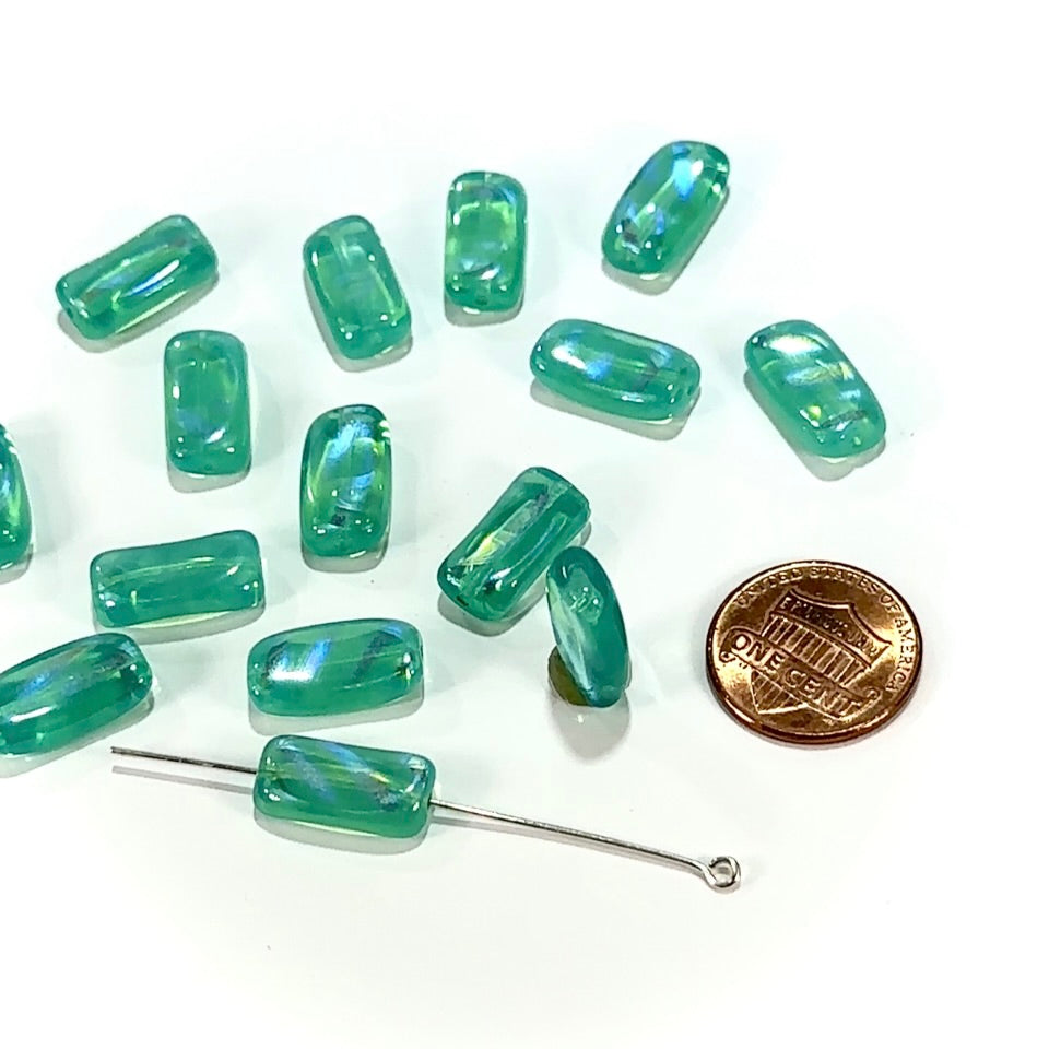 Czech Pressed Druk Twisted Rectangle Glass Beads 16x8mm Green Aqua with Metallic Stripes 15pcs CL1180