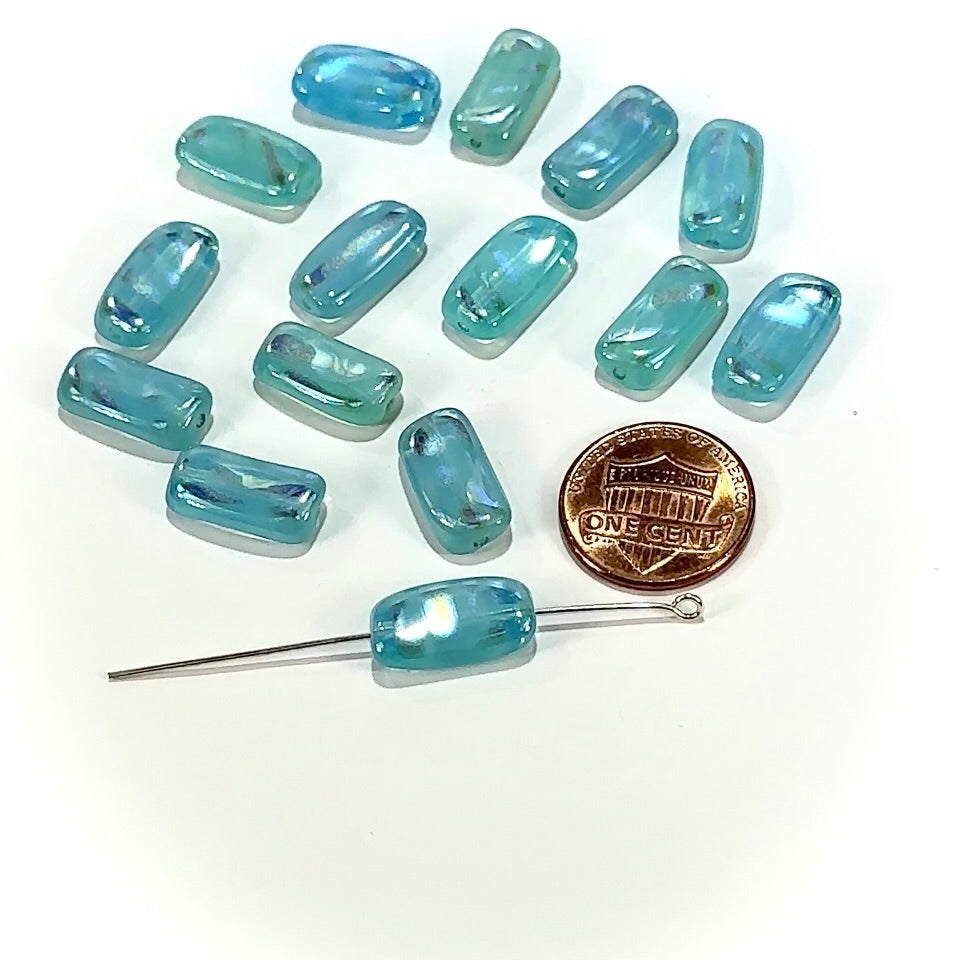 Czech Pressed Druk Twisted Rectangle Glass Beads 16x8mm Blue Aqua with Metallic Stripes 15pcs CL1181
