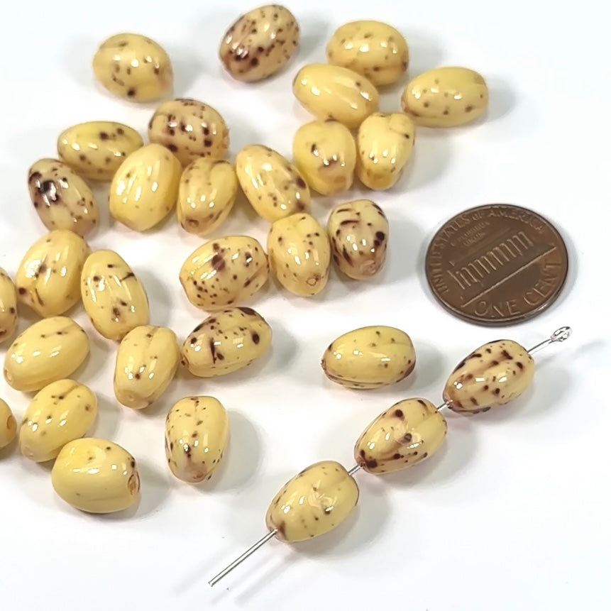 Czech Pressed Druk Fancy Olive Glass Beads ChalkWhite Yellow Marble Pearlized 12x8mm 30pcs CL120