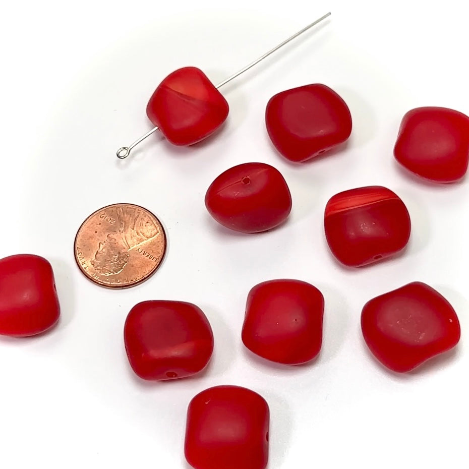 Czech Pressed Druk Large Chunky Pillow Shape Glass Beads 15x17mm Red 2tone Matted 10 pieces CL126