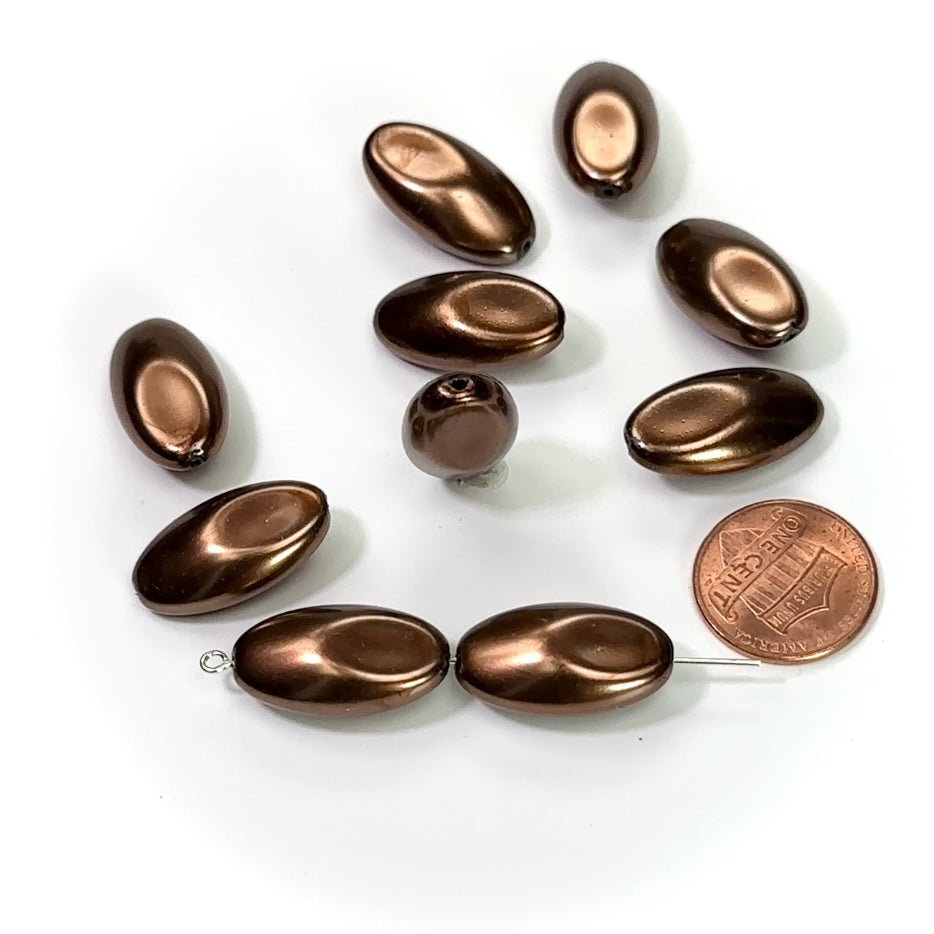 Czech Fancy Flattened Olive Glass Pearls 22x12mm Brown Pearl color 10 pieces CL169=194