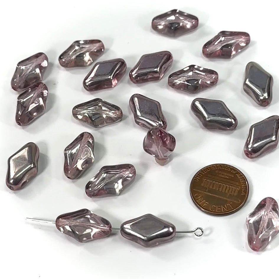 Czech Fancy Rhombus Glass Beads 18x11mm Lavender Silver color combination 20 pieces CL210