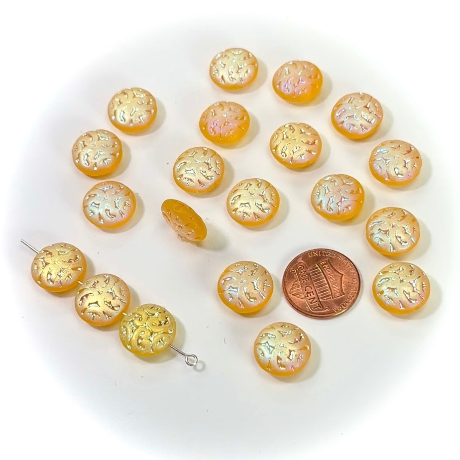 Czech Pressed Druk Glass Beads Ornate Textured Round Discs 14mm Yellow Matte AB 20 pieces CL221