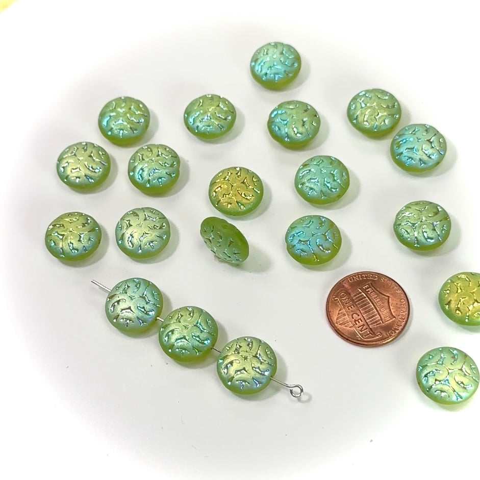 Czech Pressed Druk Glass Beads Ornate Textured Round Discs 14mm Light Green Matte AB 20 pieces CL223