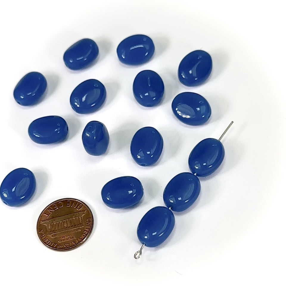 Czech Pressed Druk Oval Glass Beads Blue Opaque 14x11mm 15pcs CL250
