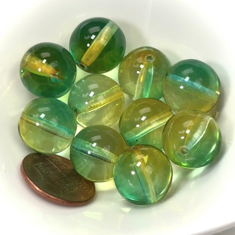 Czech Pressed Druk Round Smooth Glass Beads 14mm Crystal 2tone Coated Green and Light Topaz Yellow 10 pieces CL273
