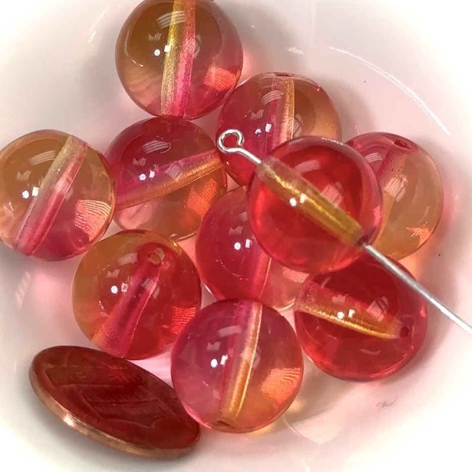 Czech Pressed Druk Round Smooth Glass Beads 14mm Crystal 2tone Coated Orange Red and Light Topaz Yellow 10 pieces CL274