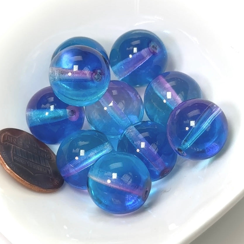Czech Pressed Druk Round Smooth Glass Beads 14mm Crystal 2tone Coated Blue and Fuchsia Purple 10 pieces CL275