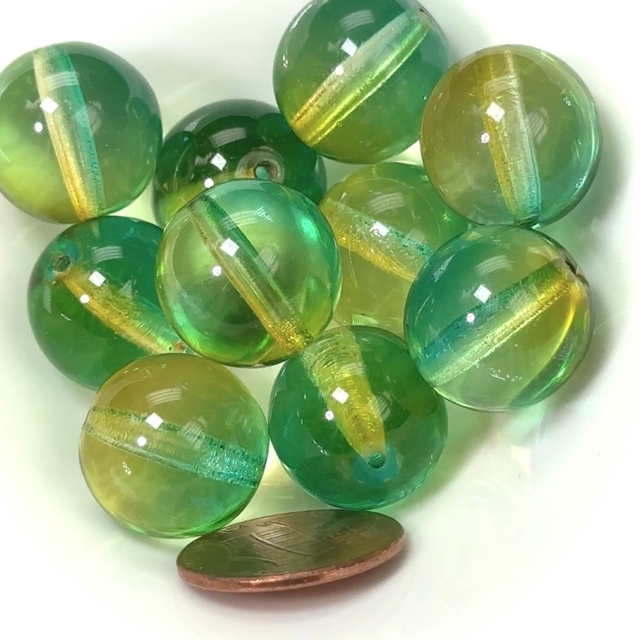 Czech Pressed Druk Round Smooth Glass Beads 16mm Crystal 2tone Coated Green and Light Topaz Yellow 10 pieces CL276