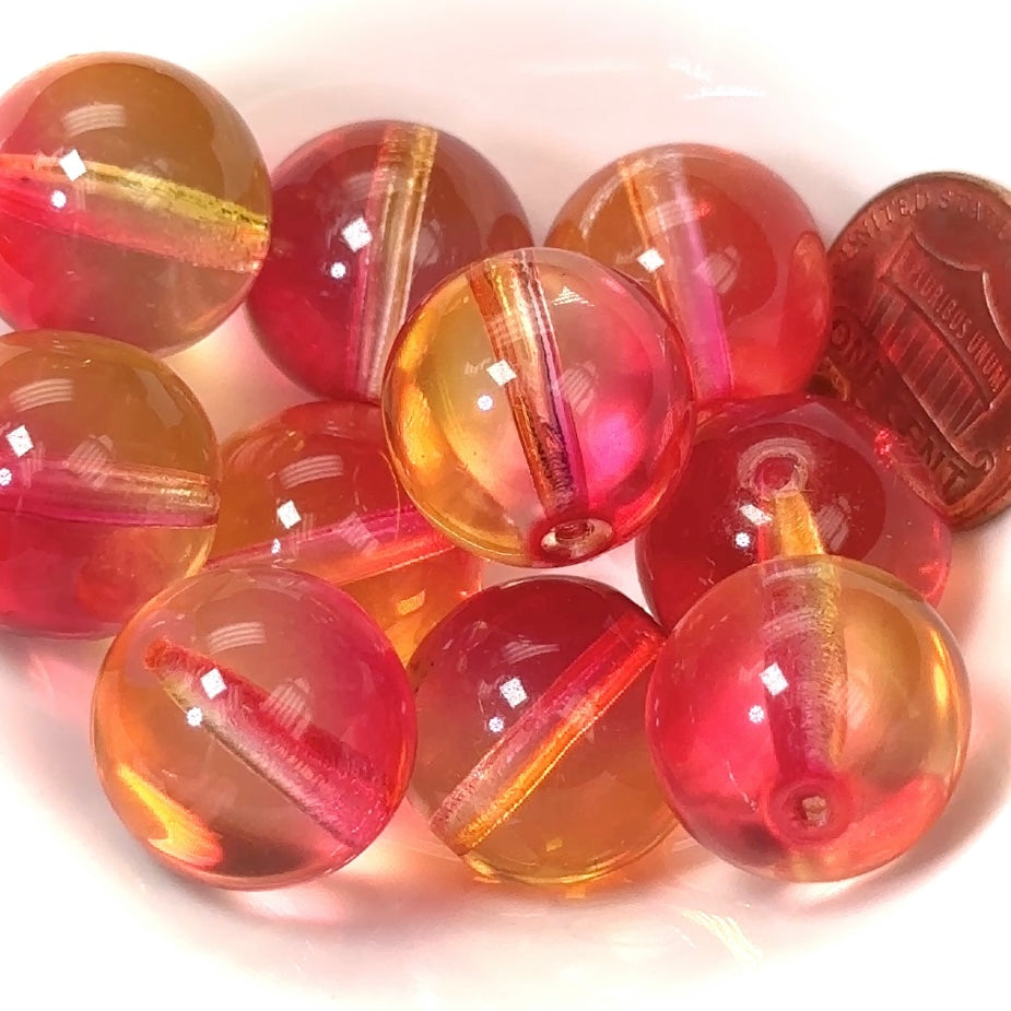 Czech Pressed Druk Round Smooth Glass Beads 16mm Crystal 2tone Coated Orange Red and Light Topaz Yellow 10 pieces CL277